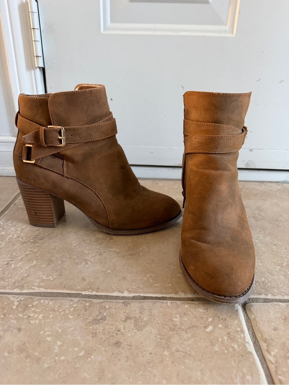 Women’s Suede Ankle Boots with Buckle Strap - Brown